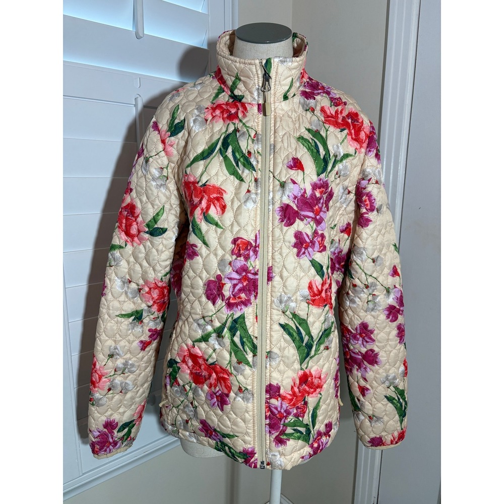 Lands End Quilted Jacket M 10-12 Cream Floral Full Zip Mock Neck Cottagecore